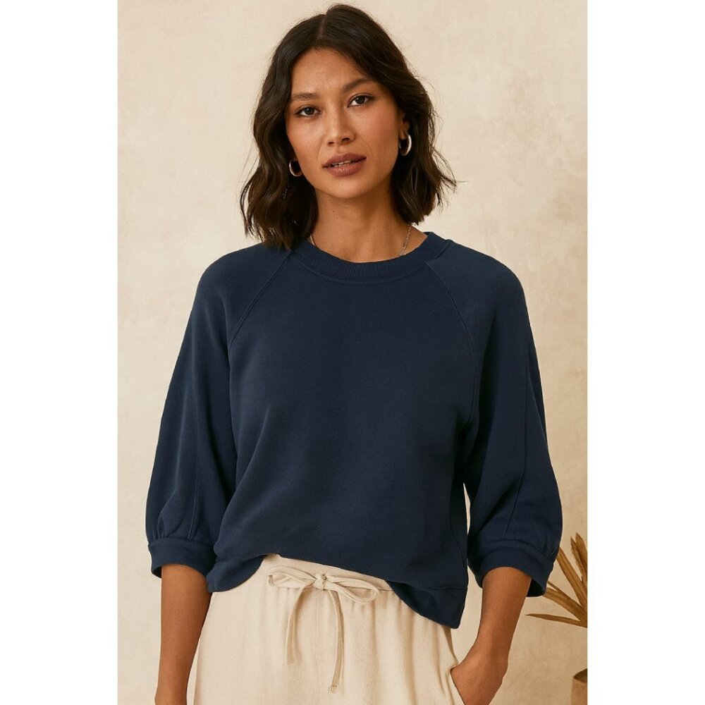 Anthropologie Current Air Blue Cotton Sweatshirt XS Puff Sleeves Casual Chic Top